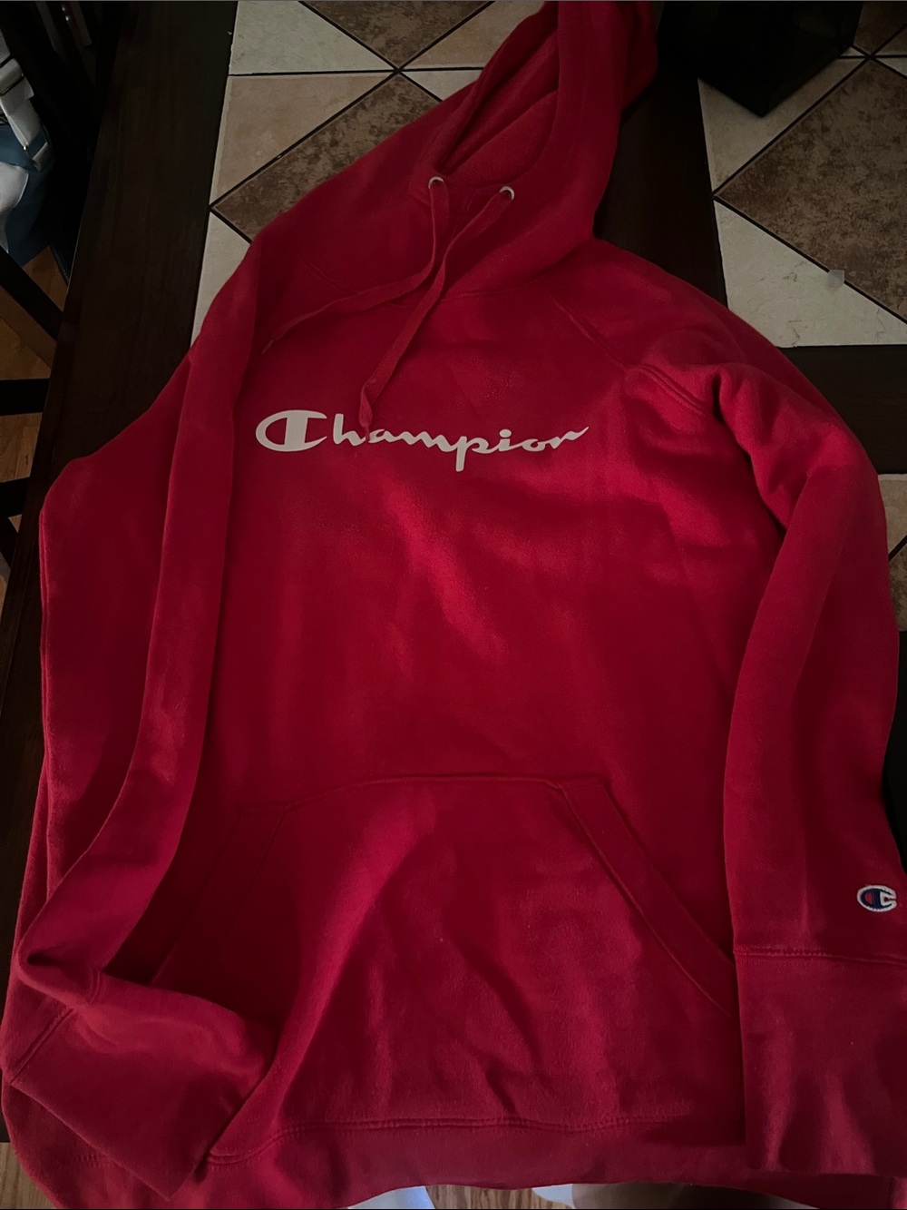 Champion Red Pullover Hoodie with White Script